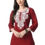 Kurti for Women - Short Chikankari Kurtis for Girls, Lakhnawi Tunic Top Kurta Design for Ladies, Woman Ethnic Kurthis & Shirt with Sleeve, Plain Straight Embroidery for Office